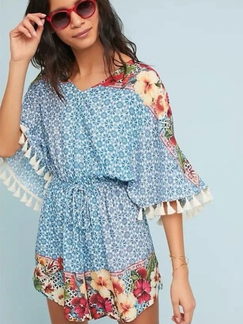 FARM Rio Blue Floral Tassel-Trim Tunic